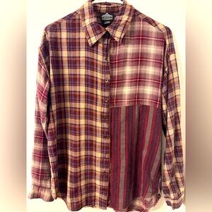Women’s Plaid Patchwork button down shirt, size small. Not yo mammas flannel.